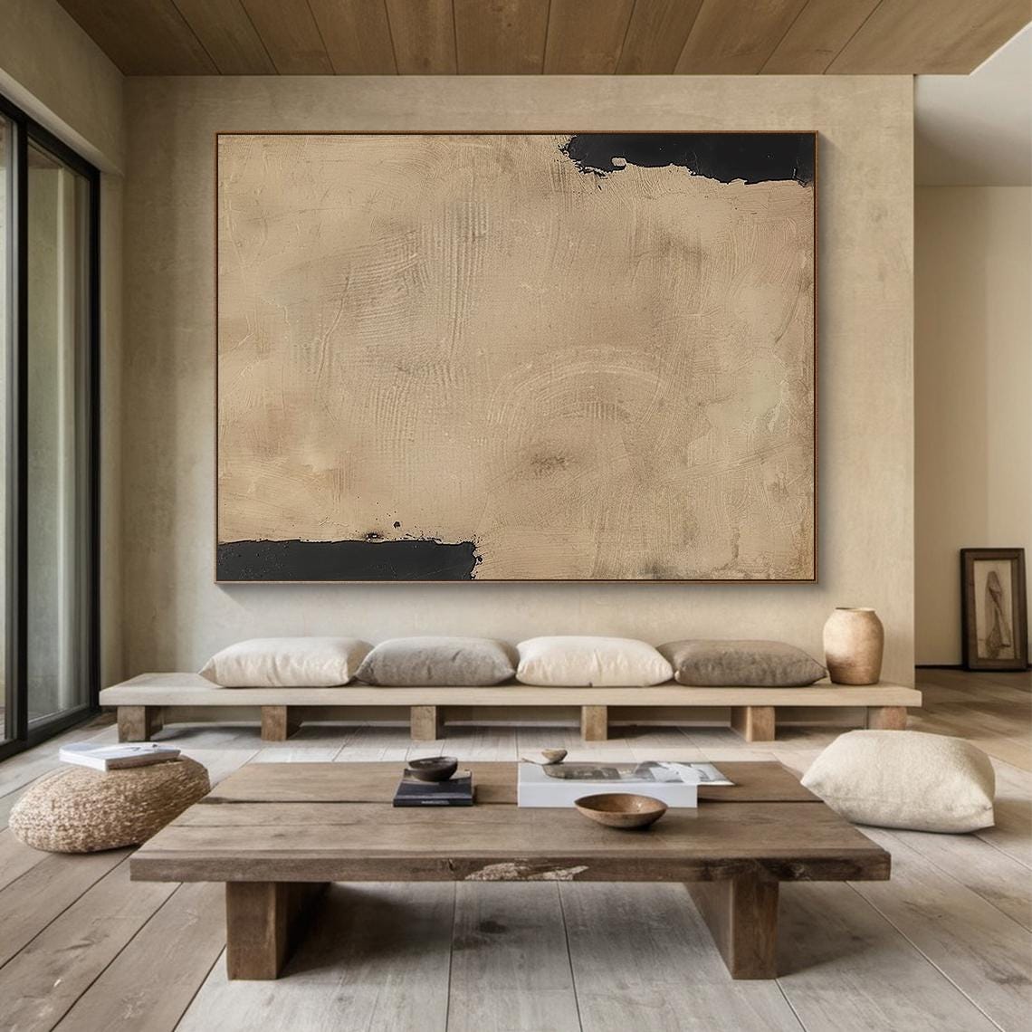 Sandy Beige Minimalist Abstract Painting Black Accent Modern Wall Art - Image 3