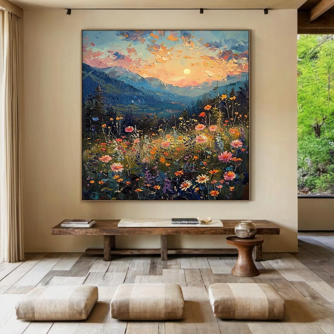 Sunset Mountain Wildflower Meadow Landscape Painting Floral Art Poster - Image 3