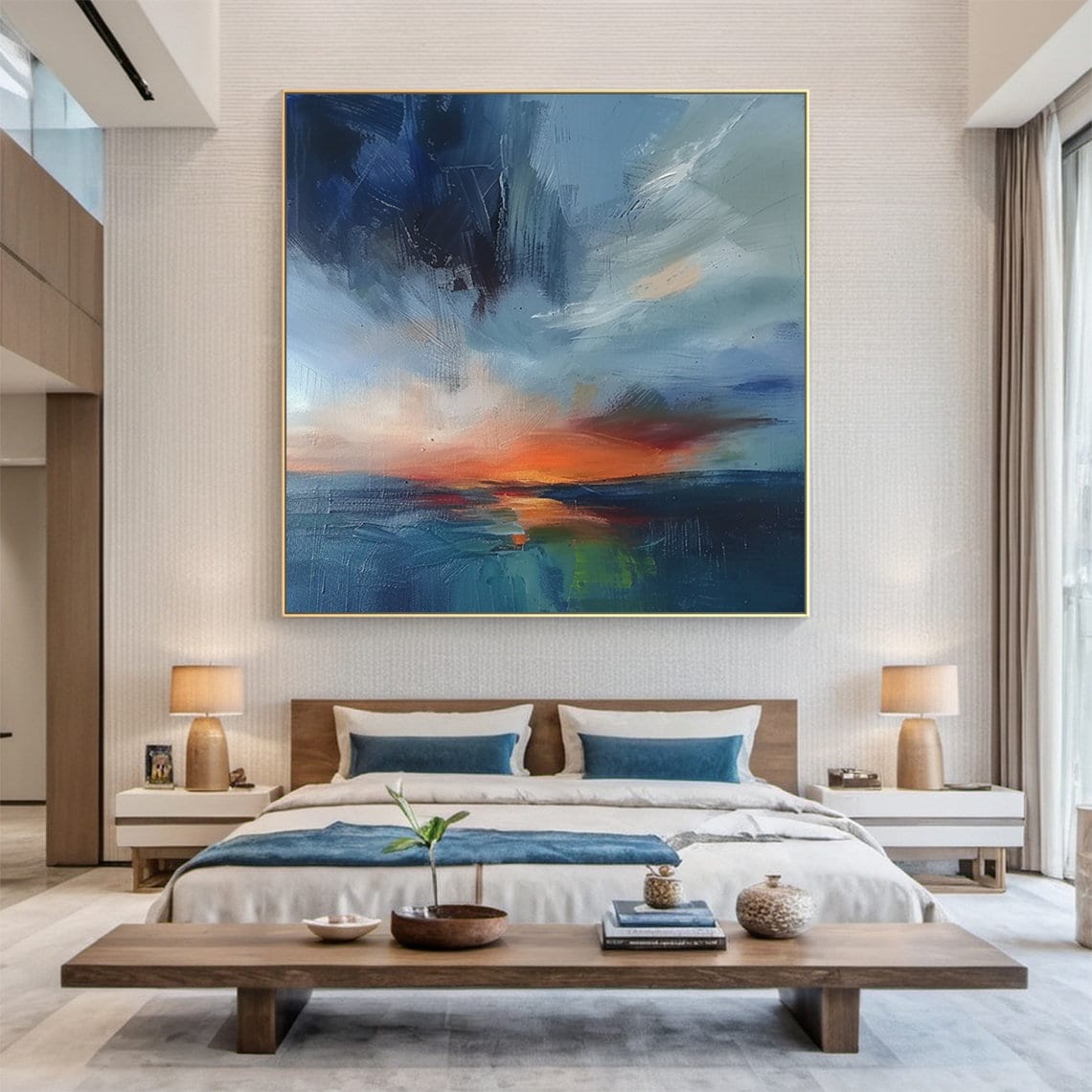 Blue Sea Sunrise Abstract Oil Painting, Ocean Art Print - Image 4