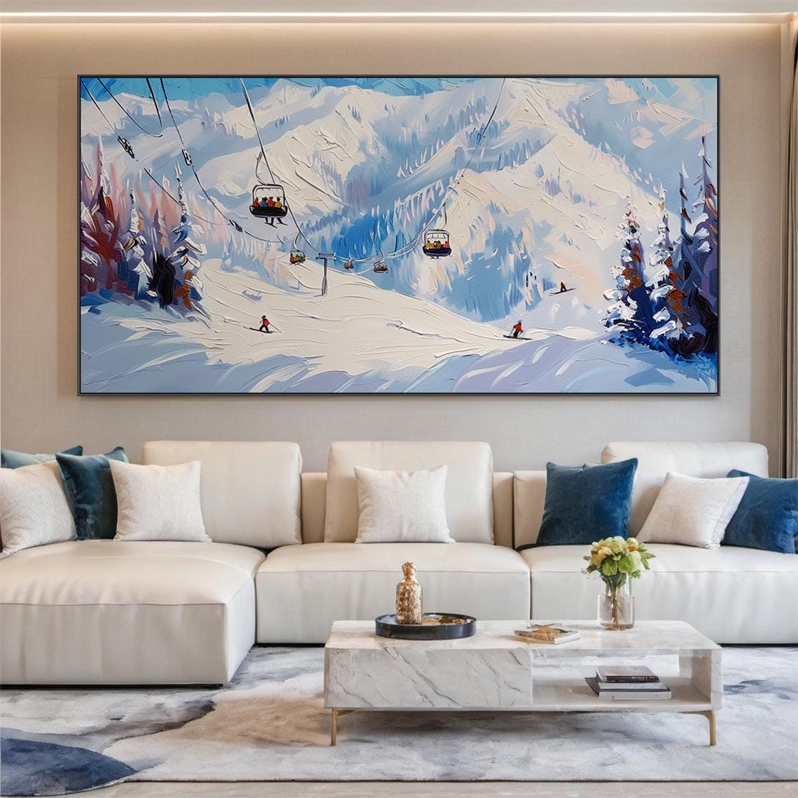 Original 3d Ski Sport Art Blue White Textured Wall Art Skier Gift White Skis And Cable Car Painting Modern Skier Painting - Image 4