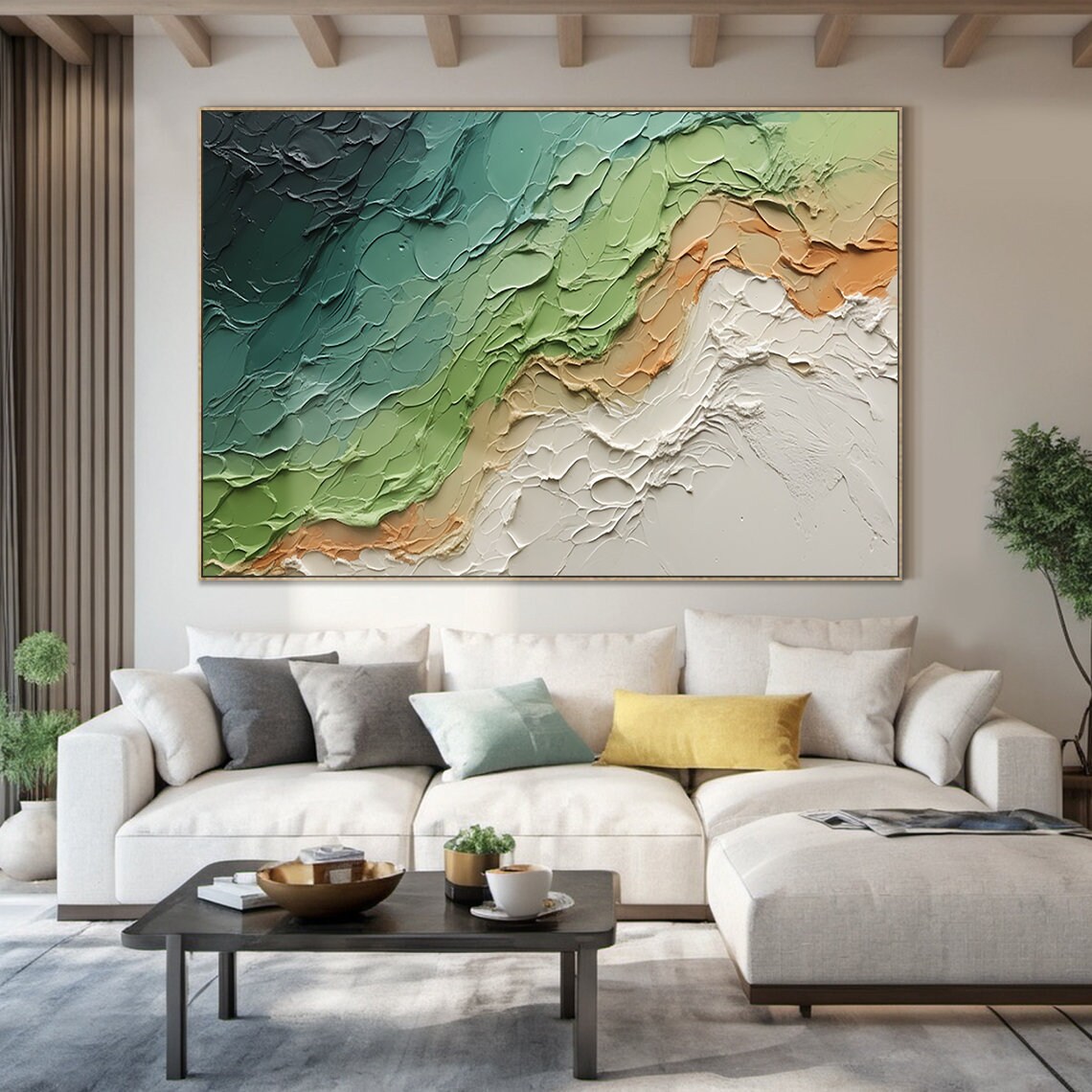 Green Teal Orange White Textured Wave Abstract Ocean Painting Wall Art - Image 3