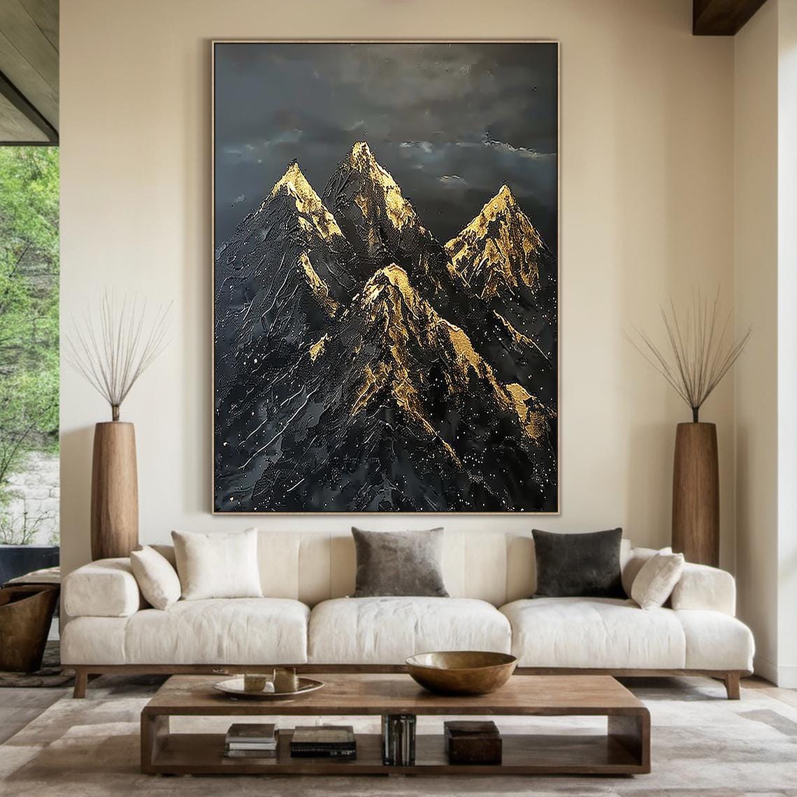Large Black Abstract Mountains Oil Painting Gold Texture Mountains Sunrise Landscape Painting Modern Nature Living Room Wall Art - Image 3