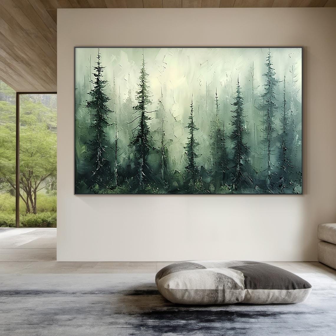 Tall Green Pine Trees Misty Forest Oil Style Nature Living Room Poster - Image 3