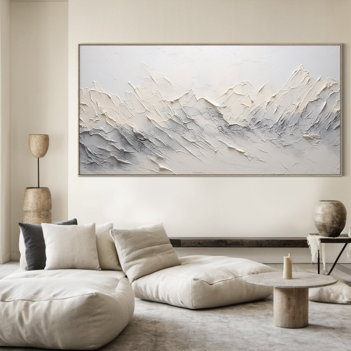 White Grey Mountain Peaks Impasto Painting Abstract Alpine Wall Art - Image 4
