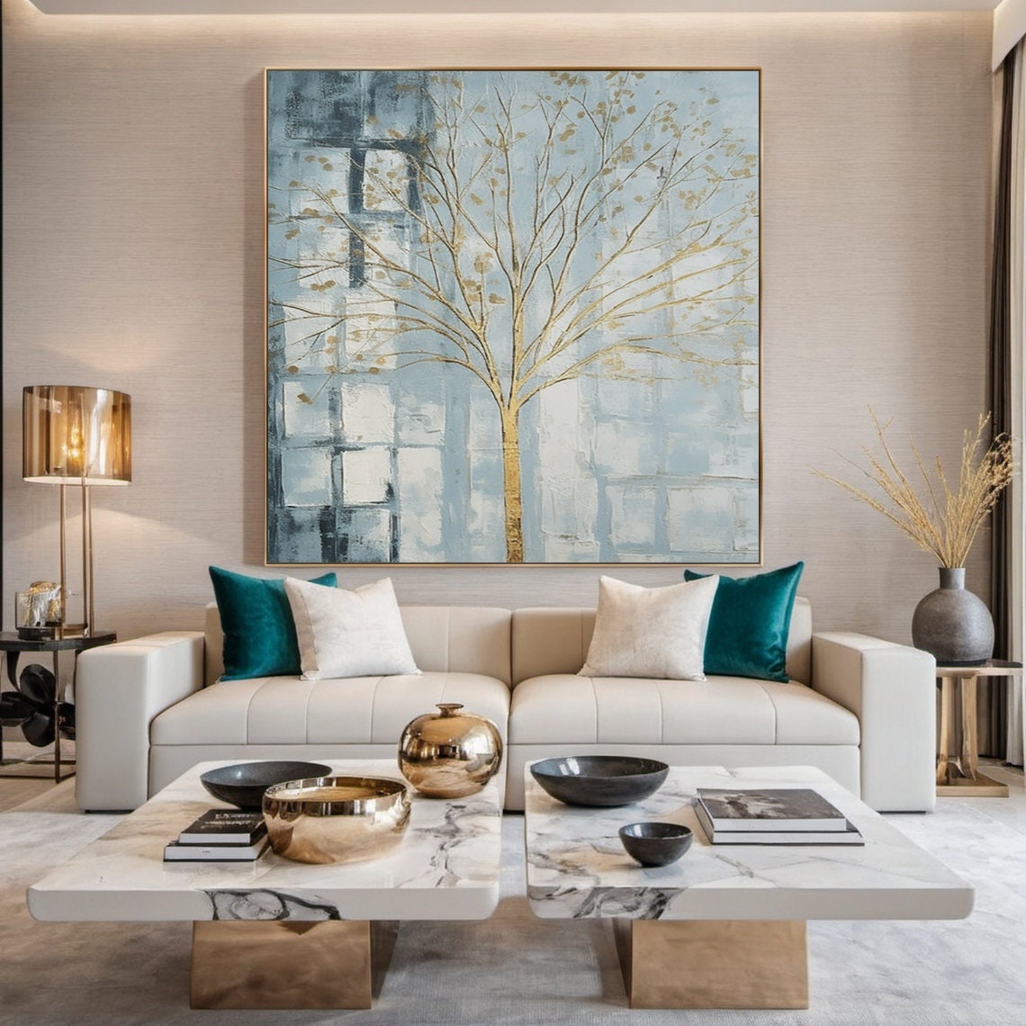 Gold Leaf Tree Pale Blue Textured Abstract Elegant Nature Poster - Image 2