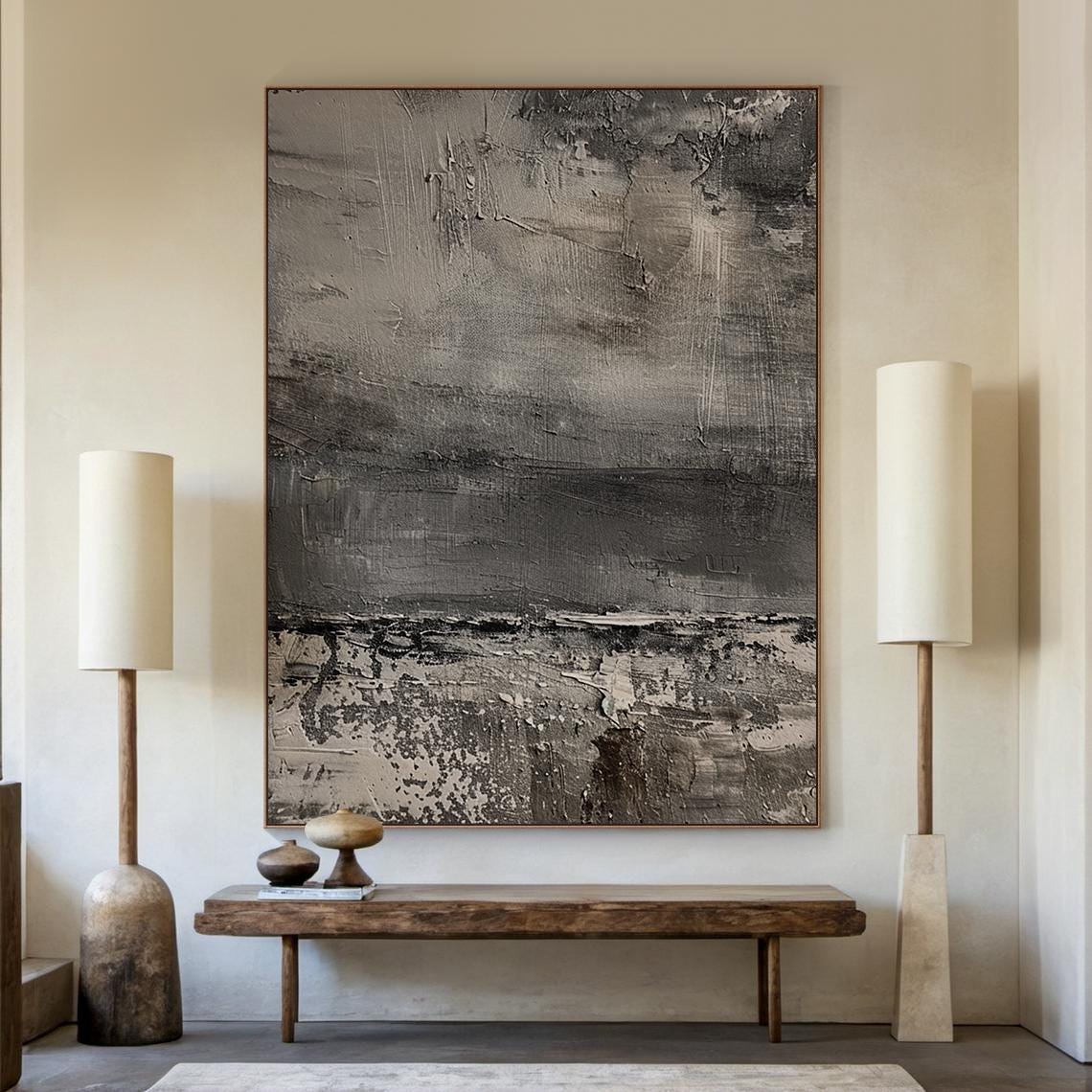 Grey Abstract Painting Textured Horizon Band Modern Wall Art Poster