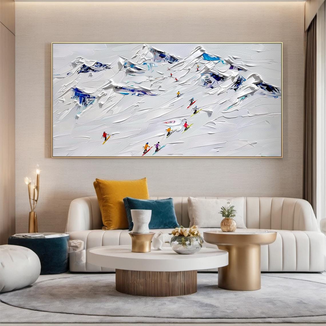 White Snow Mountain Skiers 3D Textured Impasto Winter Sport Wall Art - Image 5
