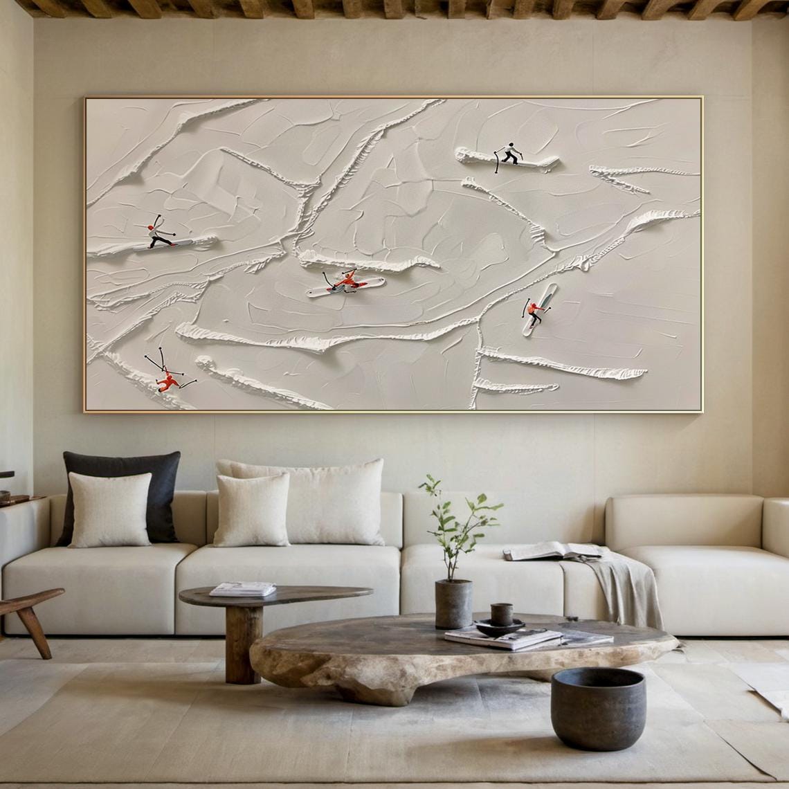Original 3d Ski Sport Art Plaster Style Textured Wall Art Skier Gift Beige Snowboard Painting Modern Skier Landscape Painting - Image 4