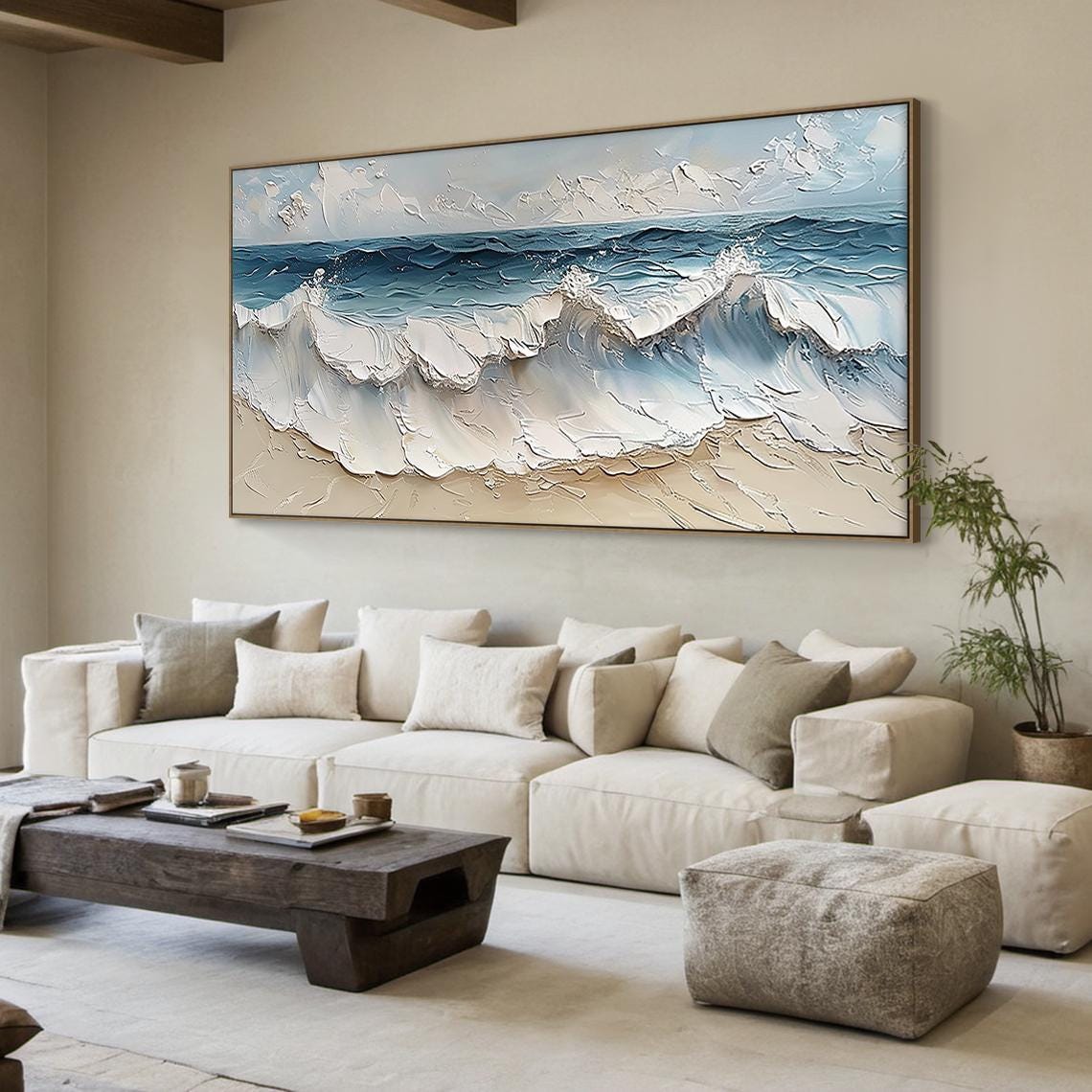 White Blue Sea Foam Wave Rolling Sandy Beach Textured Art Poster - Image 5