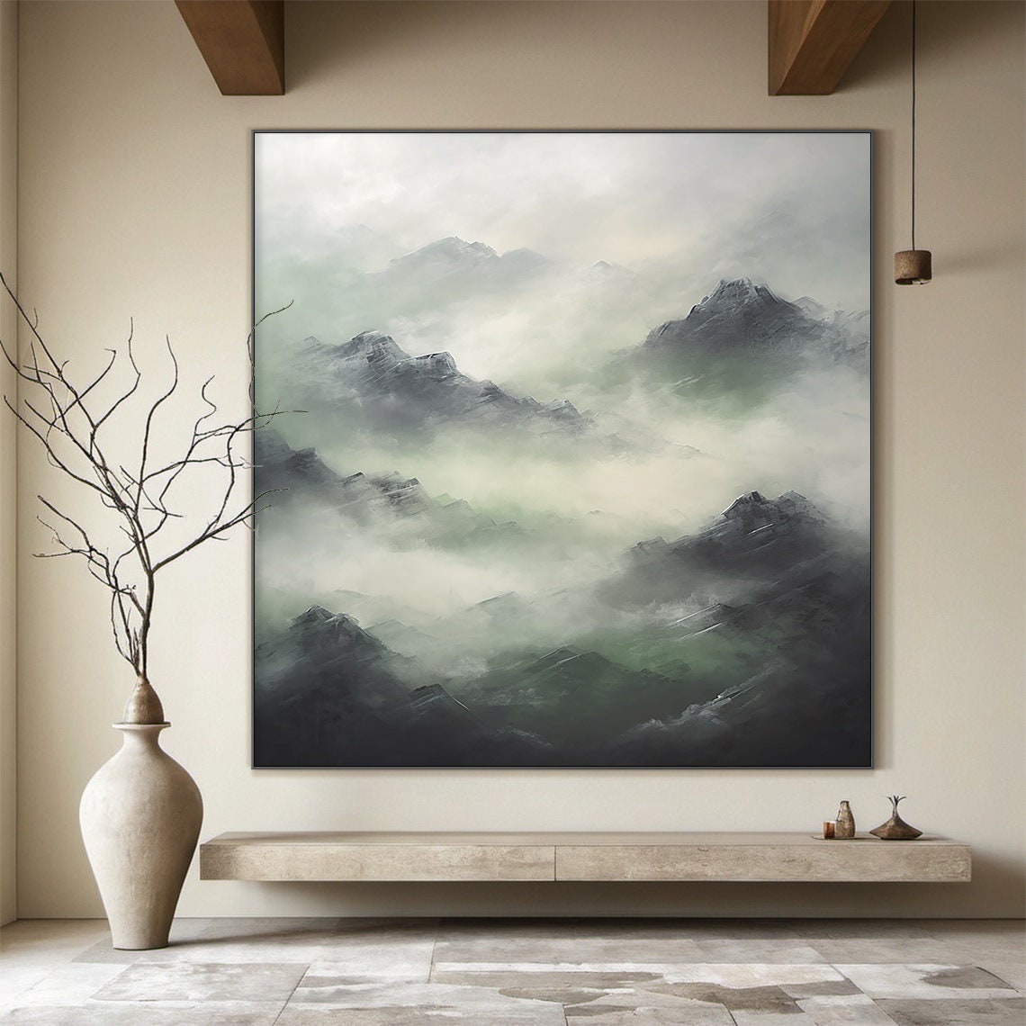 Misty Green Grey Mountain Peaks Fog Abstract Serene Nature Wall Art - Image 6