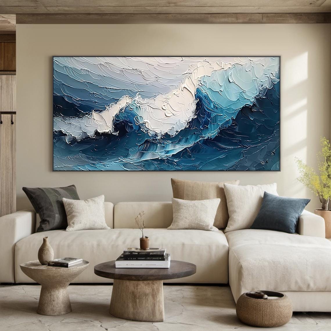 Deep Blue Ocean Wave Swirl Textured Painting White Foam Sea Art Poster