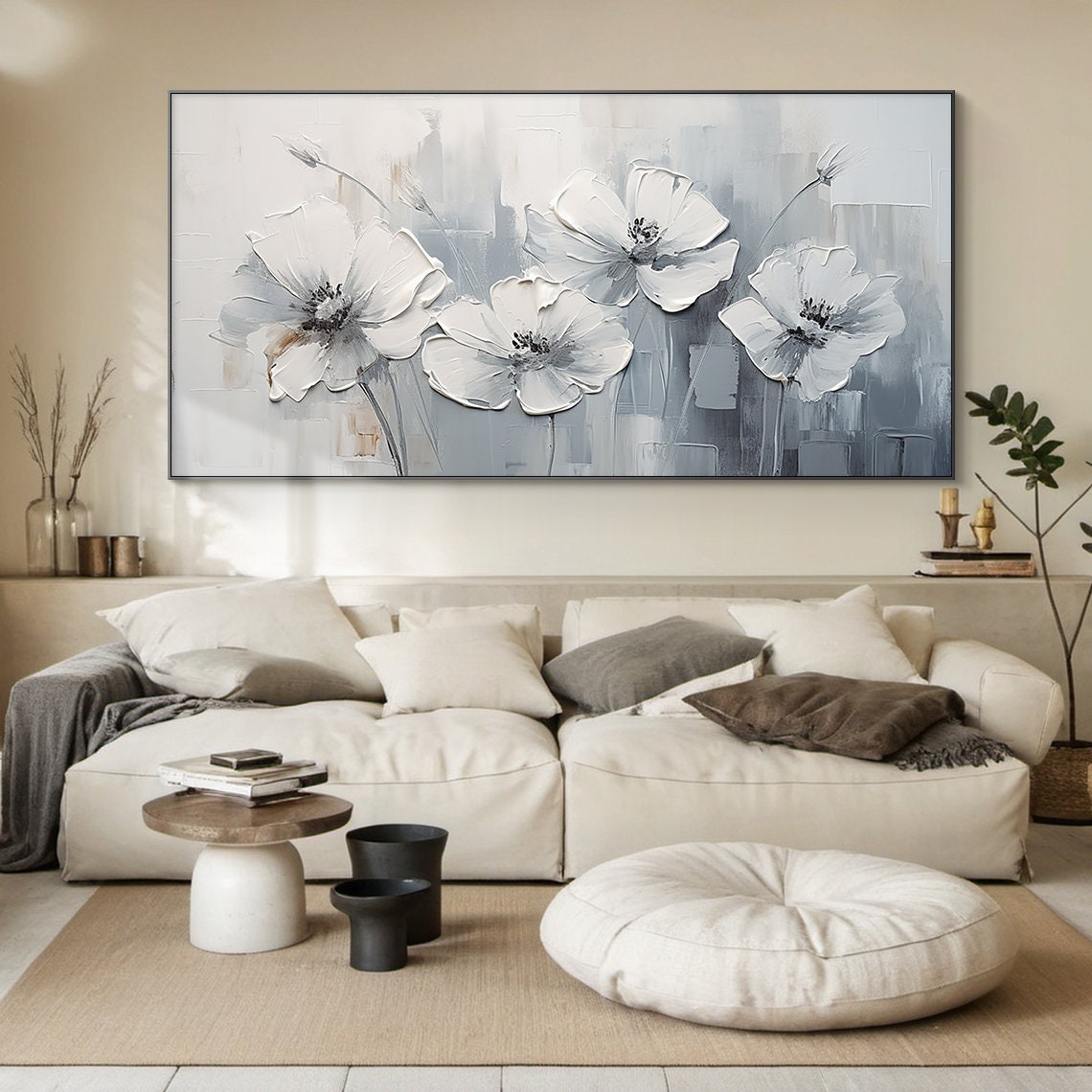 White Grey Floral Oil Painting Four Blossoms Panoramic Texture Poster - Image 6