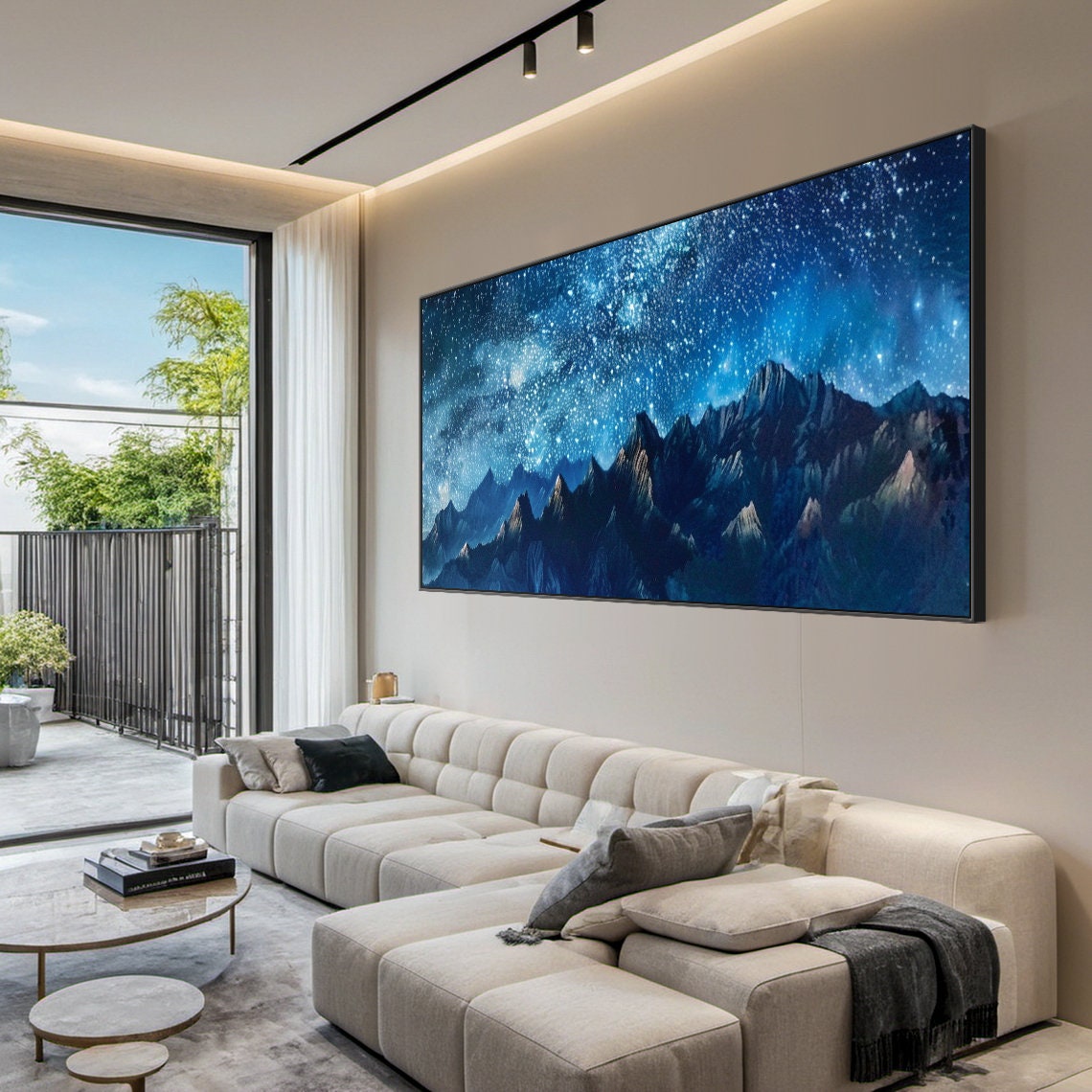 Mountain Starry Sky Painting Large Blue Sky Landscape Oil Painting Blue Wall Decoration Art Modern Natural Living Room Decoration - Image 6