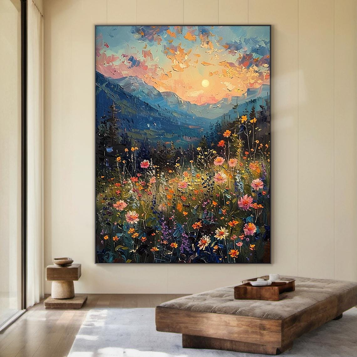 Sunset Mountain Wildflower Meadow Landscape Painting Floral Art Poster