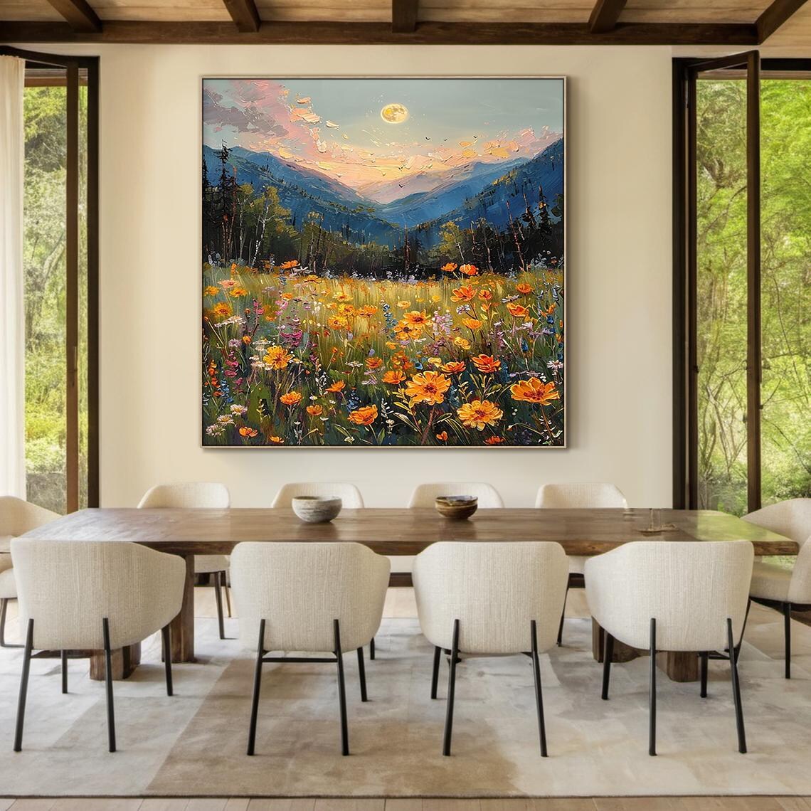 Wildflower Meadow Mountain Landscape Painting Sunset Floral Art Poster - Image 3