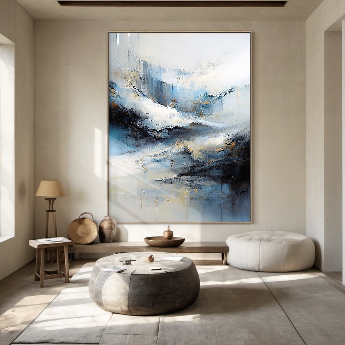 White Blue Gold Abstract Ocean Mist Soft Textured Seascape Poster