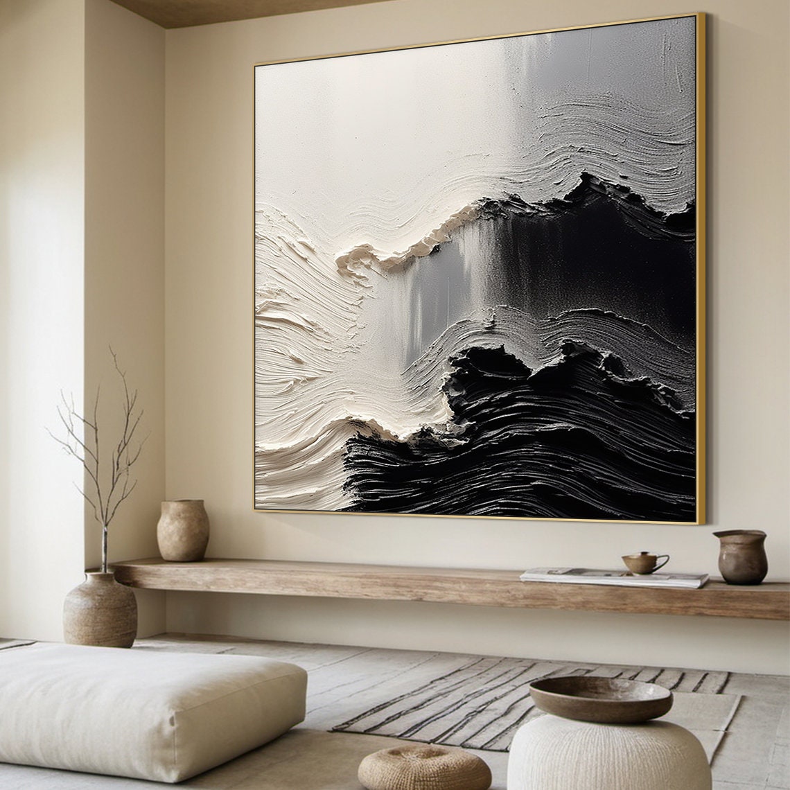 Black White Dramatic Impasto Wave 3D Textured Abstract Ocean Wall Art - Image 6