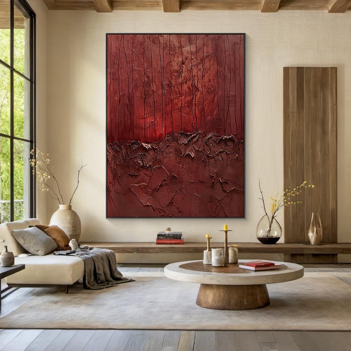 Red Abstract Oil Painting, Modern Living Room Art Print