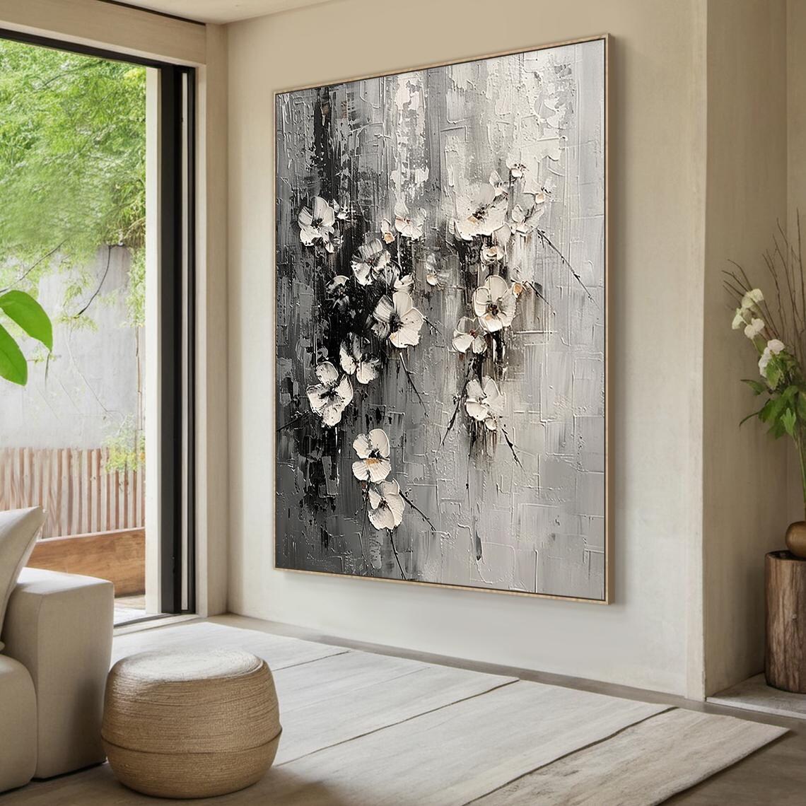 White Blossom Floral Abstract Painting Black Textured Wall Art Poster - Image 5