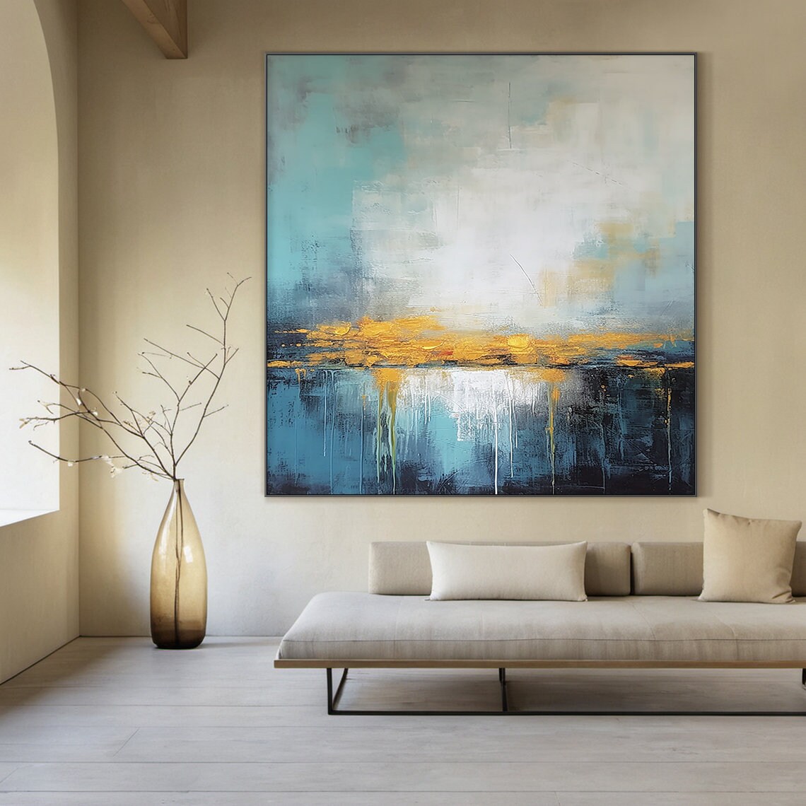 Teal White Gold Abstract Horizon Impasto Modern Coastal Luxe Wall Art - Image 4