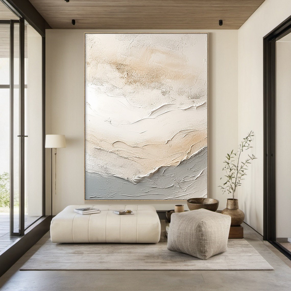 White Beige Grey Textured Impasto Abstract Ocean Wave Layers Wall Art - Image 6