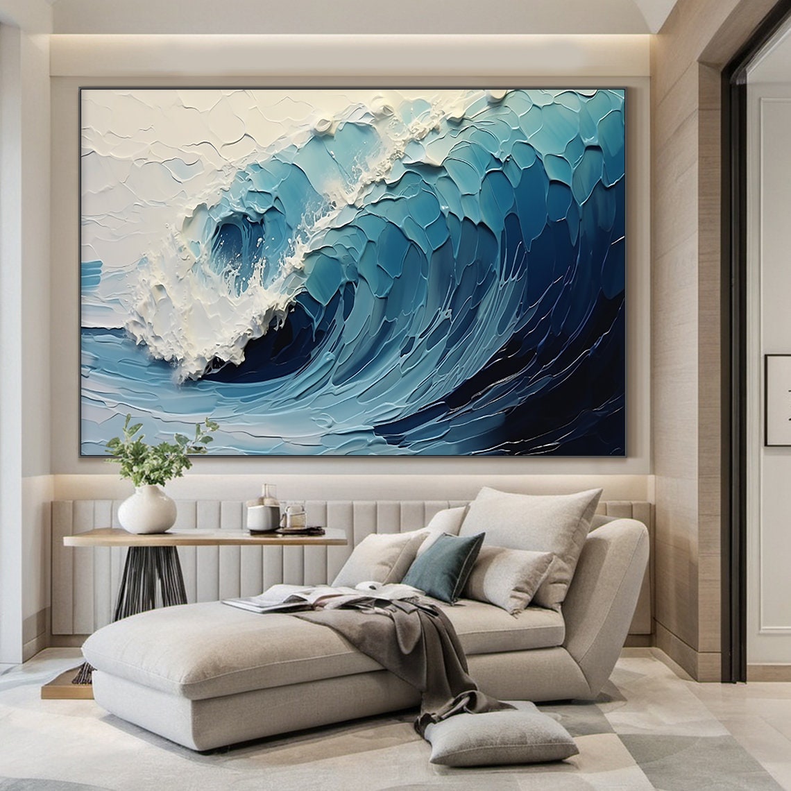 Deep Navy Blue Curling Wave White Foam Dramatic Ocean Painting Poster - Image 6