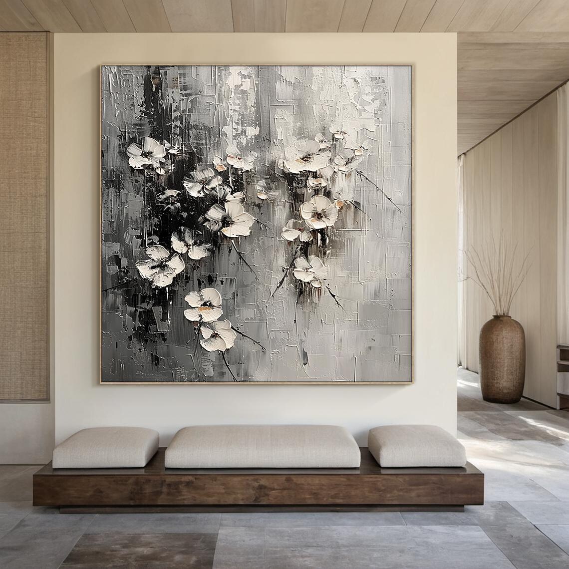 White Blossom Floral Abstract Painting Black Textured Wall Art Poster - Image 3