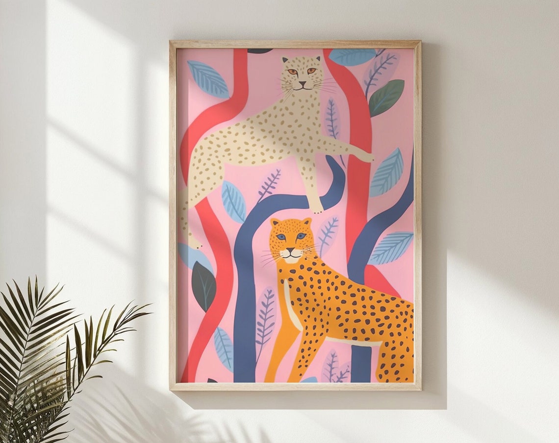 Two Spotted Big Cats Pink Abstract Jungle Branches Nursery Poster