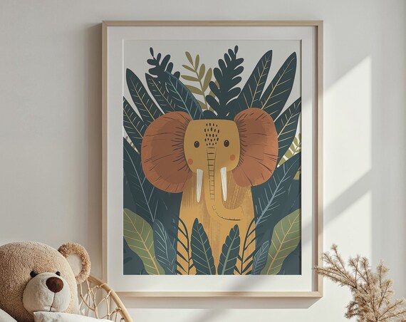 Mustard Elephant Face Front Dark Jungle Foliage Nursery Poster
