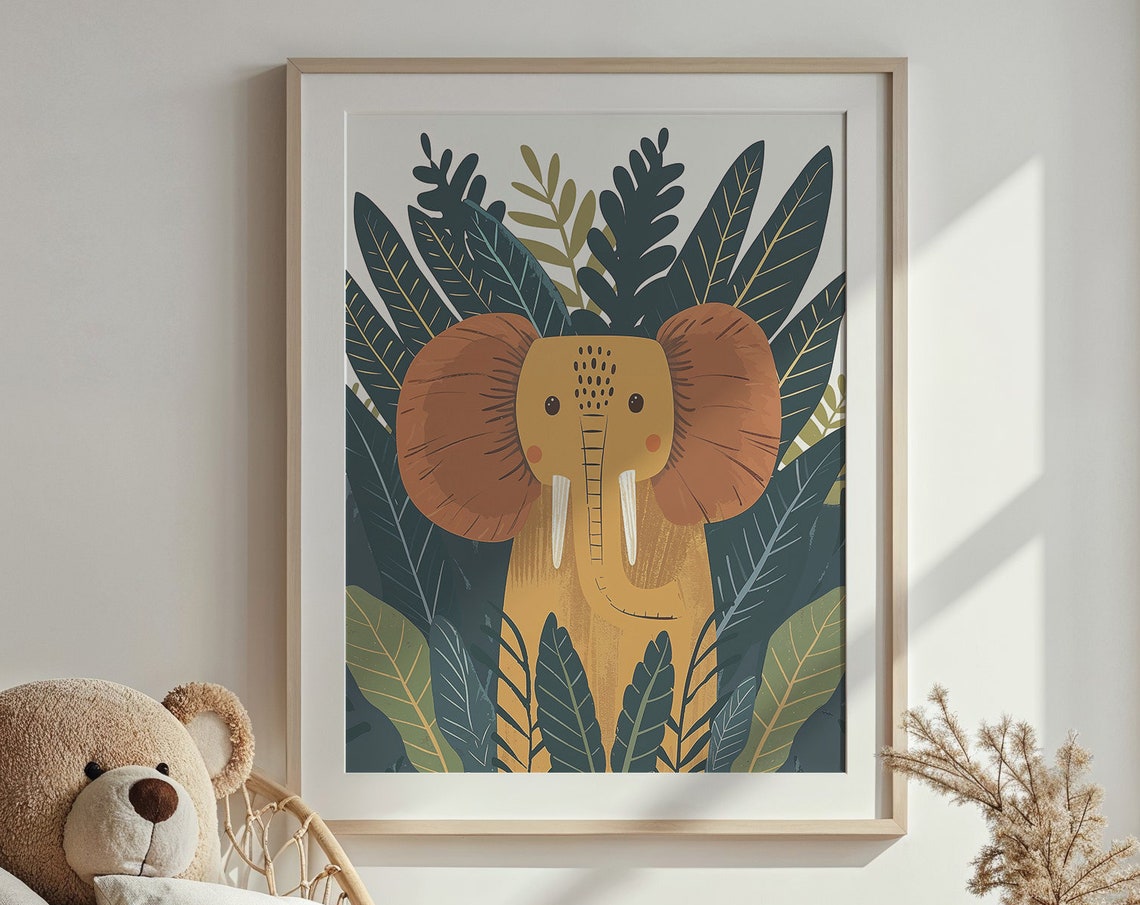 Mustard Elephant Face Front Dark Jungle Foliage Nursery Poster