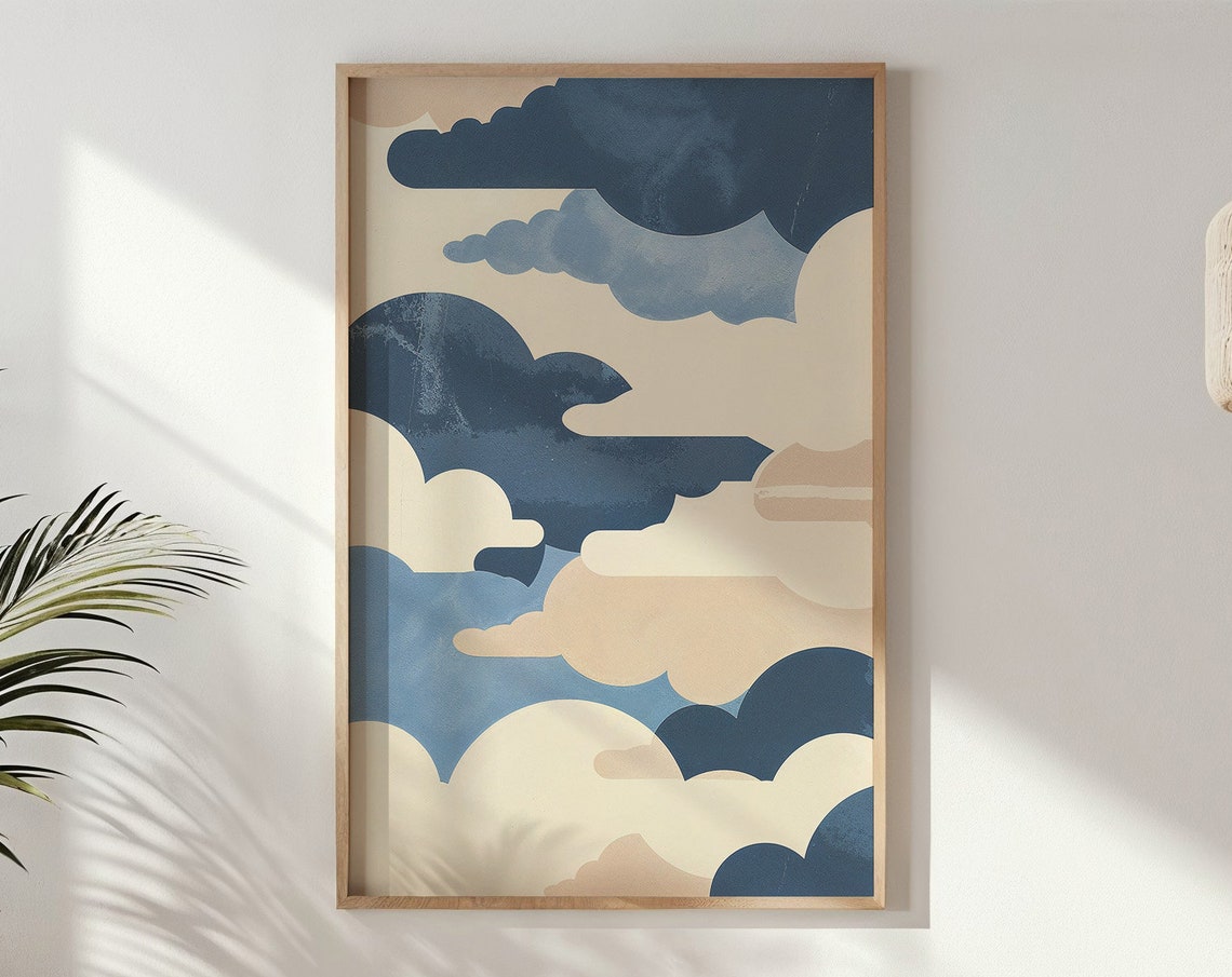 Whimsical Clouds Art Print Nursery Wall Art Kids Posters Decor Calming Sky Blue And Beige