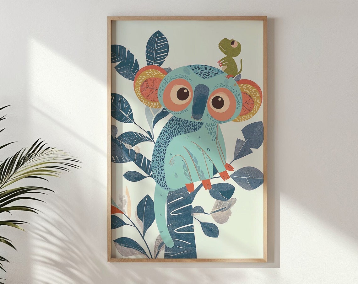 Big Eyed Teal Tarsier With Baby Jungle Leaves Nursery Poster