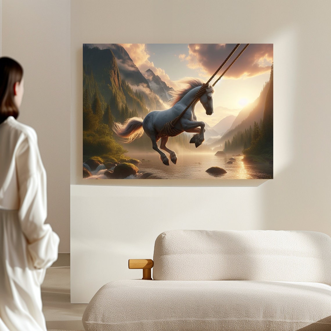 Whimsical White Horse on a Rope Swing Over a River Waterfall Poster - Image 4