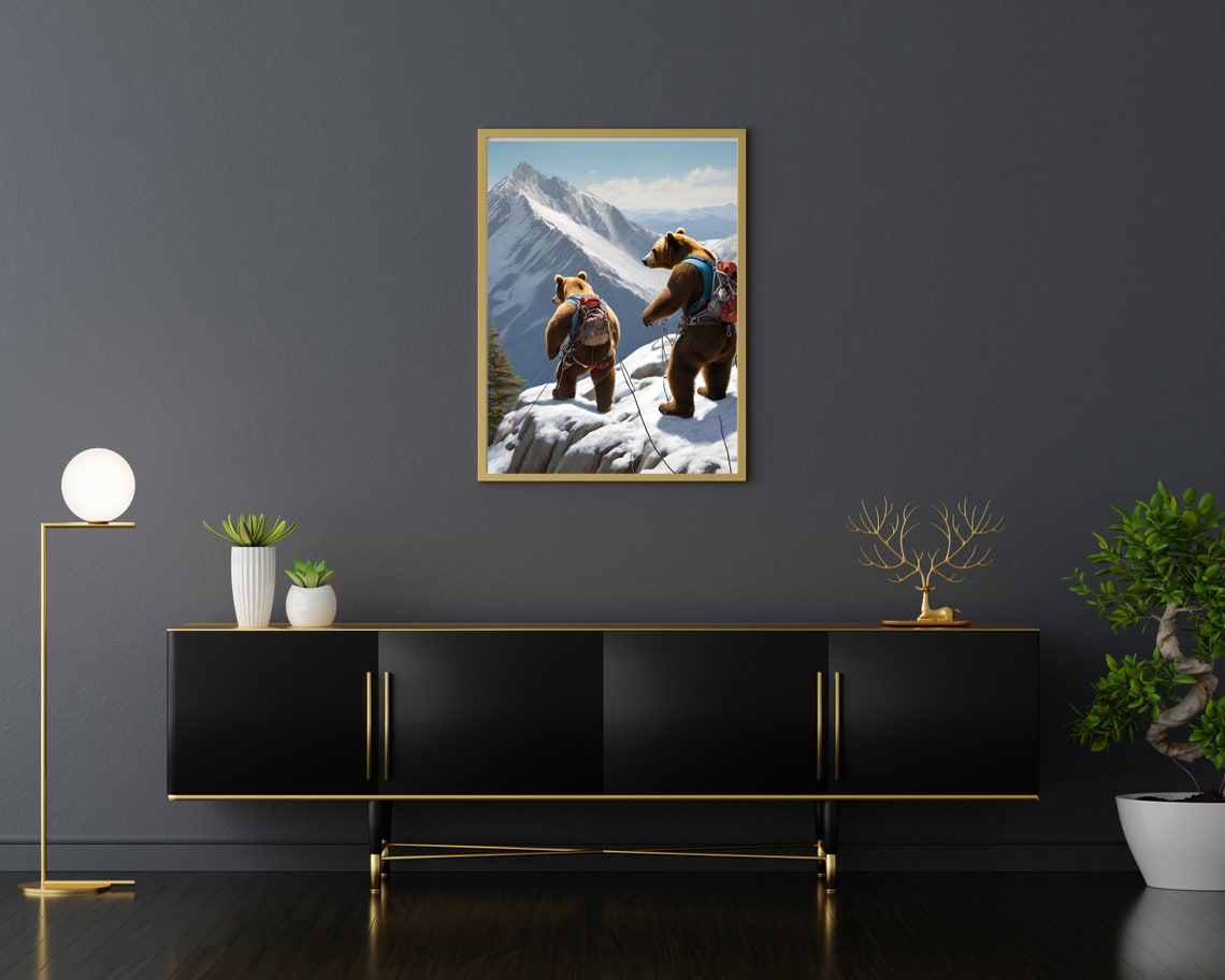 Funny Bears Climbing a Snowy Mountain with Backpacks Hike Poster - Image 3