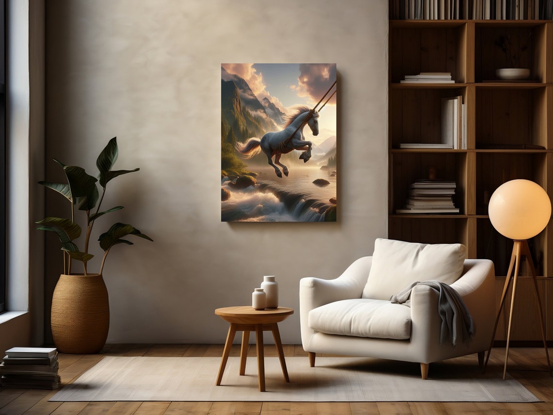 Whimsical White Horse on a Rope Swing Over a River Waterfall Poster - Image 2