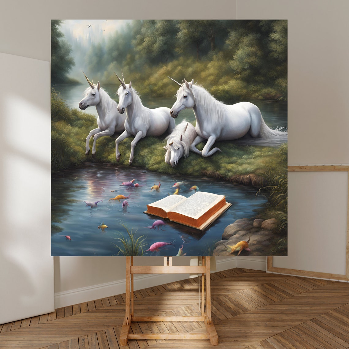 Whimsical Unicorns Resting by a River with an Open Book Poster
