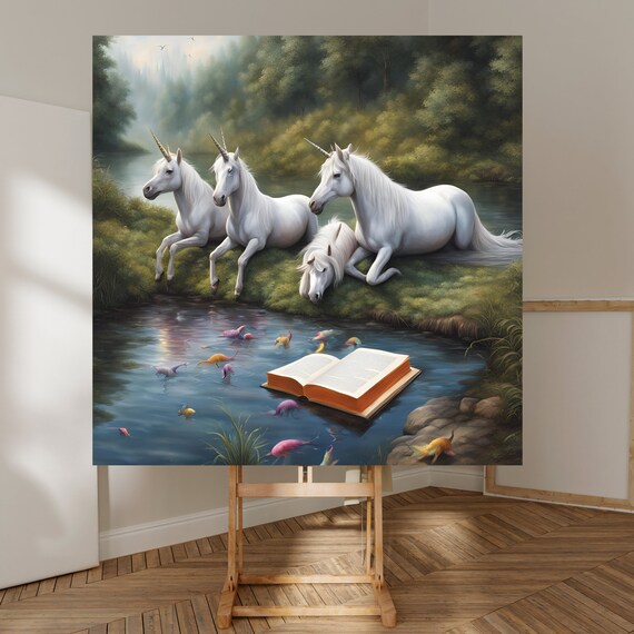 Whimsical Unicorns Resting by a River with an Open Book Poster