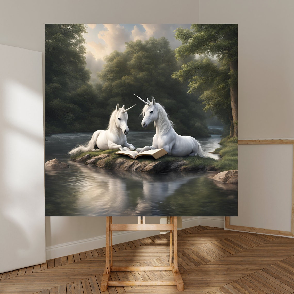 Whimsical White Unicorns Reading an Open Book by a River Poster