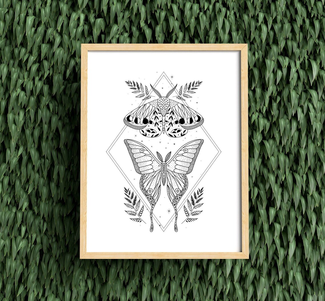 Celestial Moth Moon Phase Boho Mystical Geometric Diamond Line Art Poster - Image 4