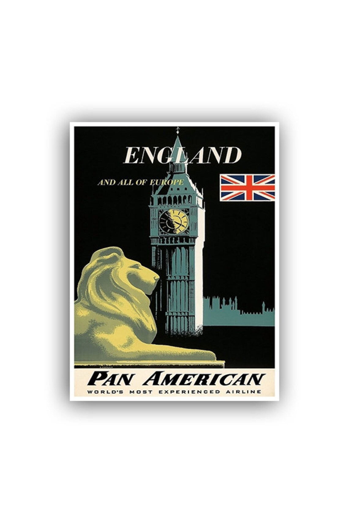 England Big Ben Lion Union Jack Pan American Vintage Travel Poster