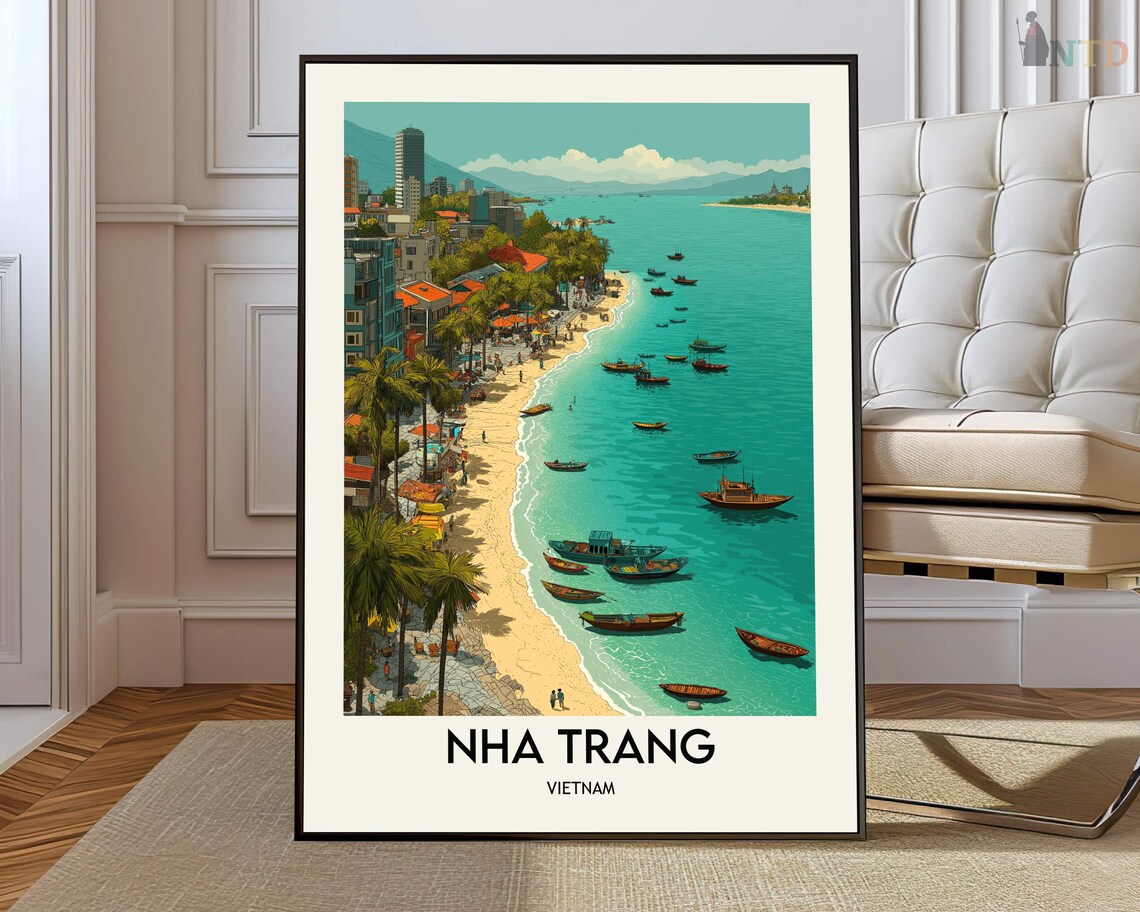 Nha Trang Vietnam Beach Poster Turquoise Bay Colorful Boats Travel Art