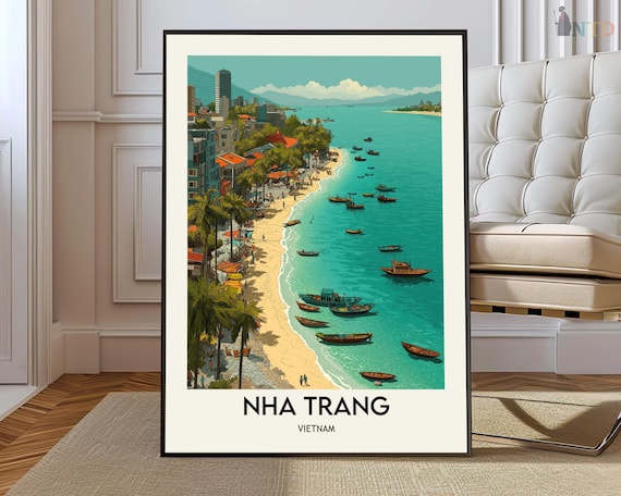Nha Trang Vietnam Beach Poster Turquoise Bay Colorful Boats Travel Art