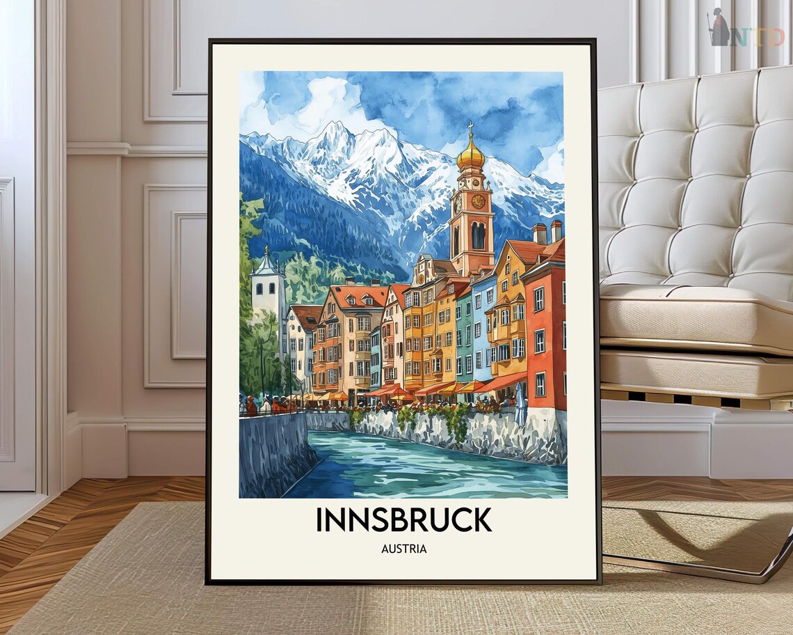 Innsbruck Austria Old Town River Snowy Alpine Peaks Travel Poster