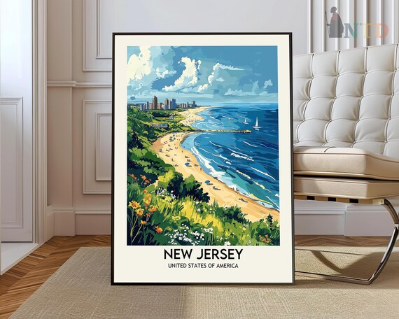 New Jersey Beach Wildflower Cliffs Coastal Skyline Travel Poster