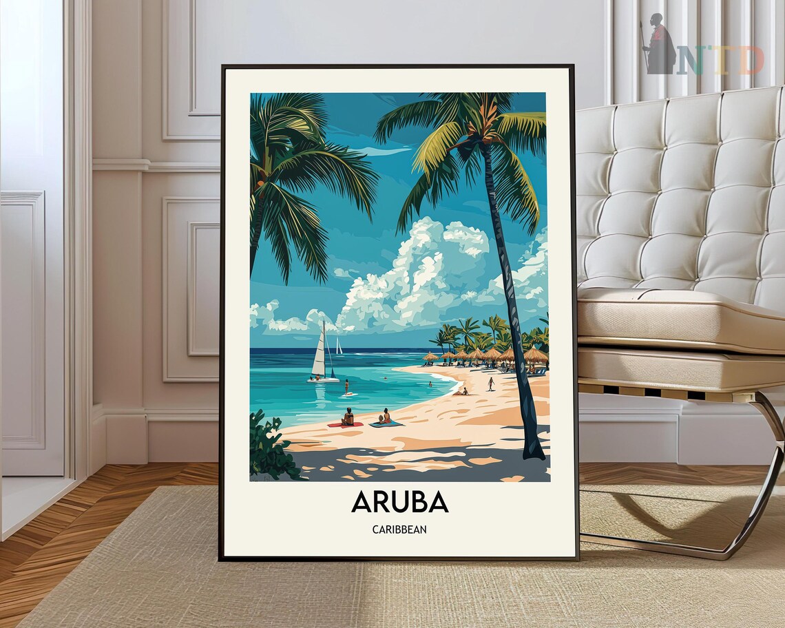Aruba Caribbean Palm Beach Sailboats Palapas Turquoise Sea Poster