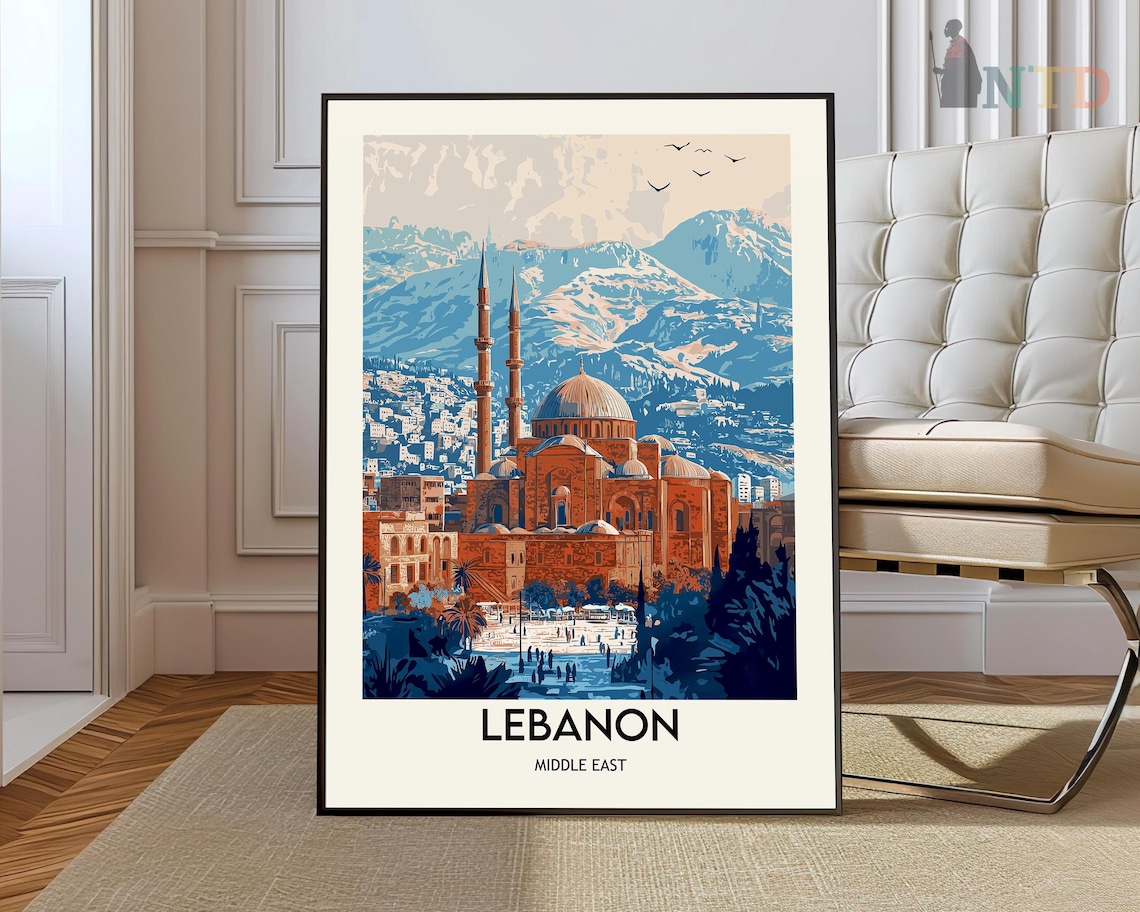 Lebanon Middle East Beirut Mosque Mountain Vintage Travel Poster