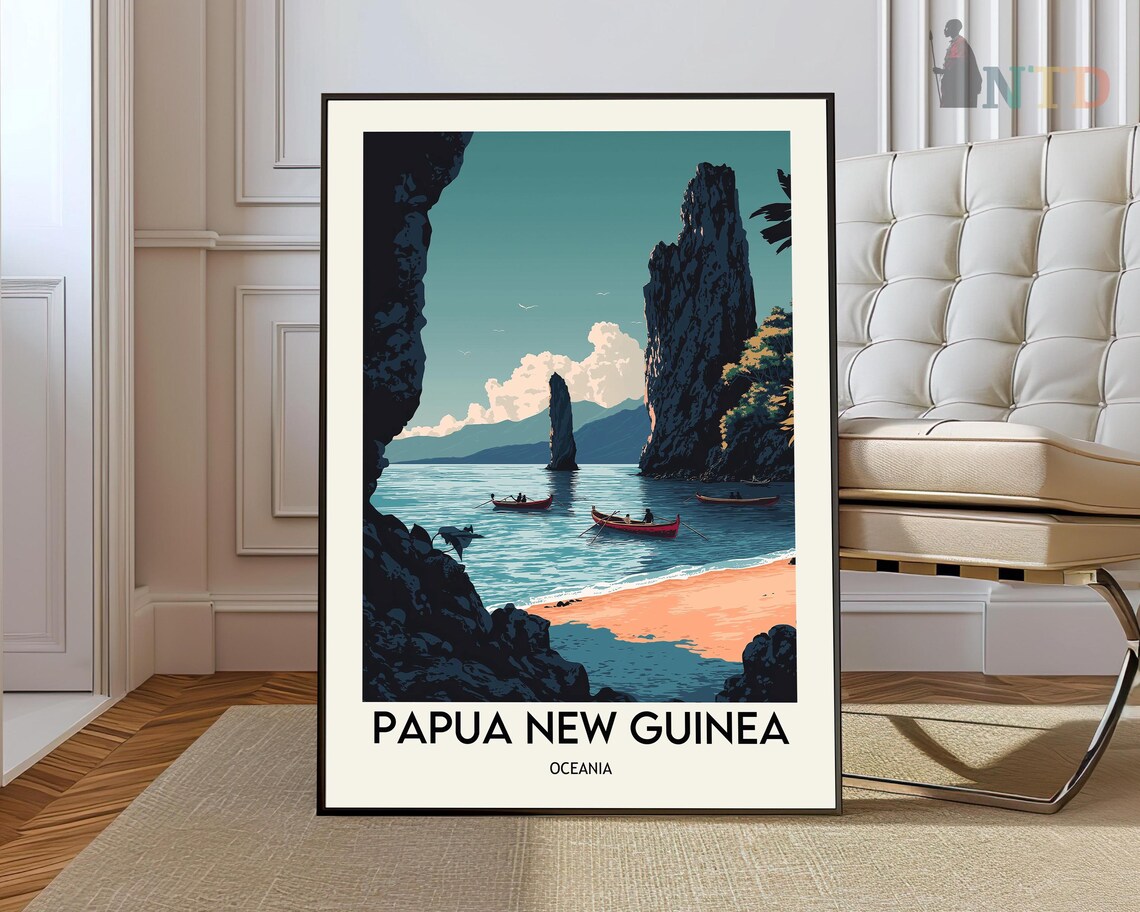 Papua New Guinea Rocky Ocean Cove Canoes Vintage Travel Art Poster