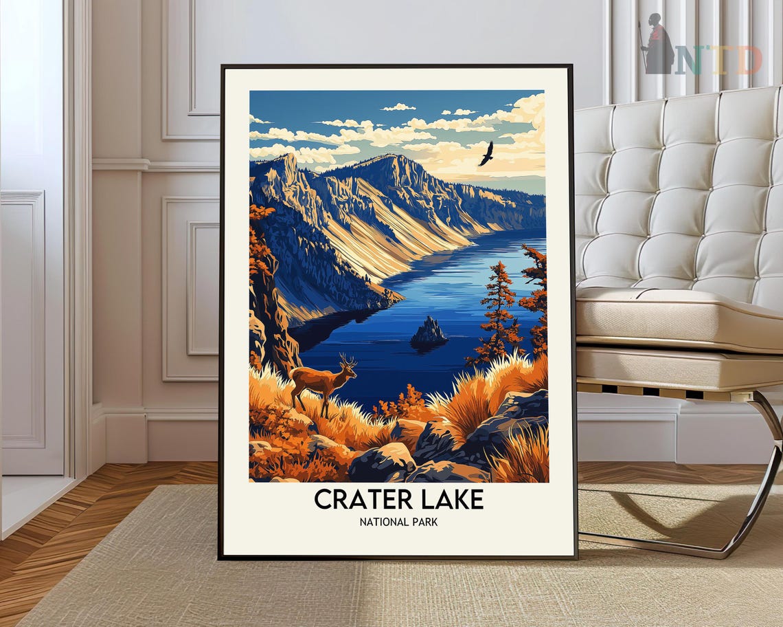 Crater Lake National Park Deer by Deep Blue Water Daytime Poster