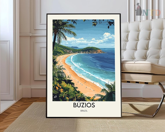 Buzios Brazil Tropical Beach Palm Trees Golden Sand Travel Poster