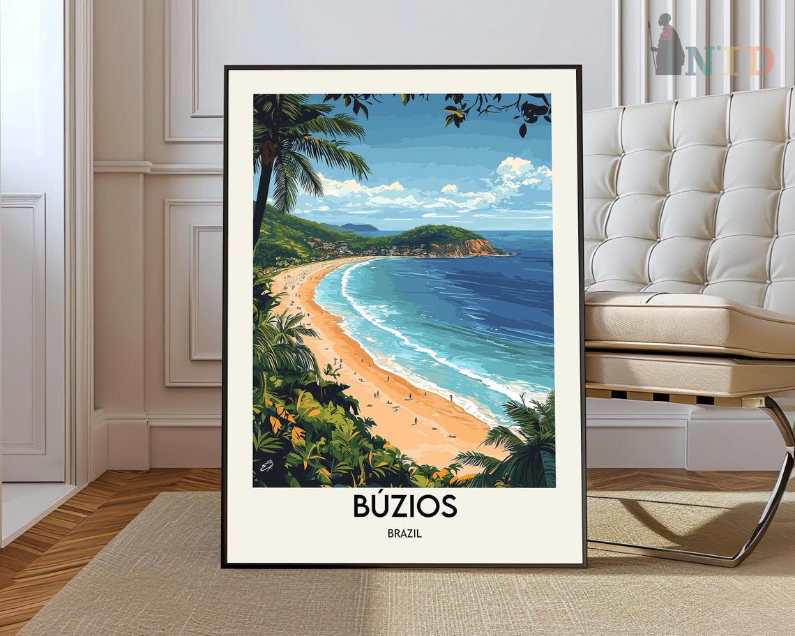 Buzios Brazil Tropical Beach Palm Trees Golden Sand Travel Poster